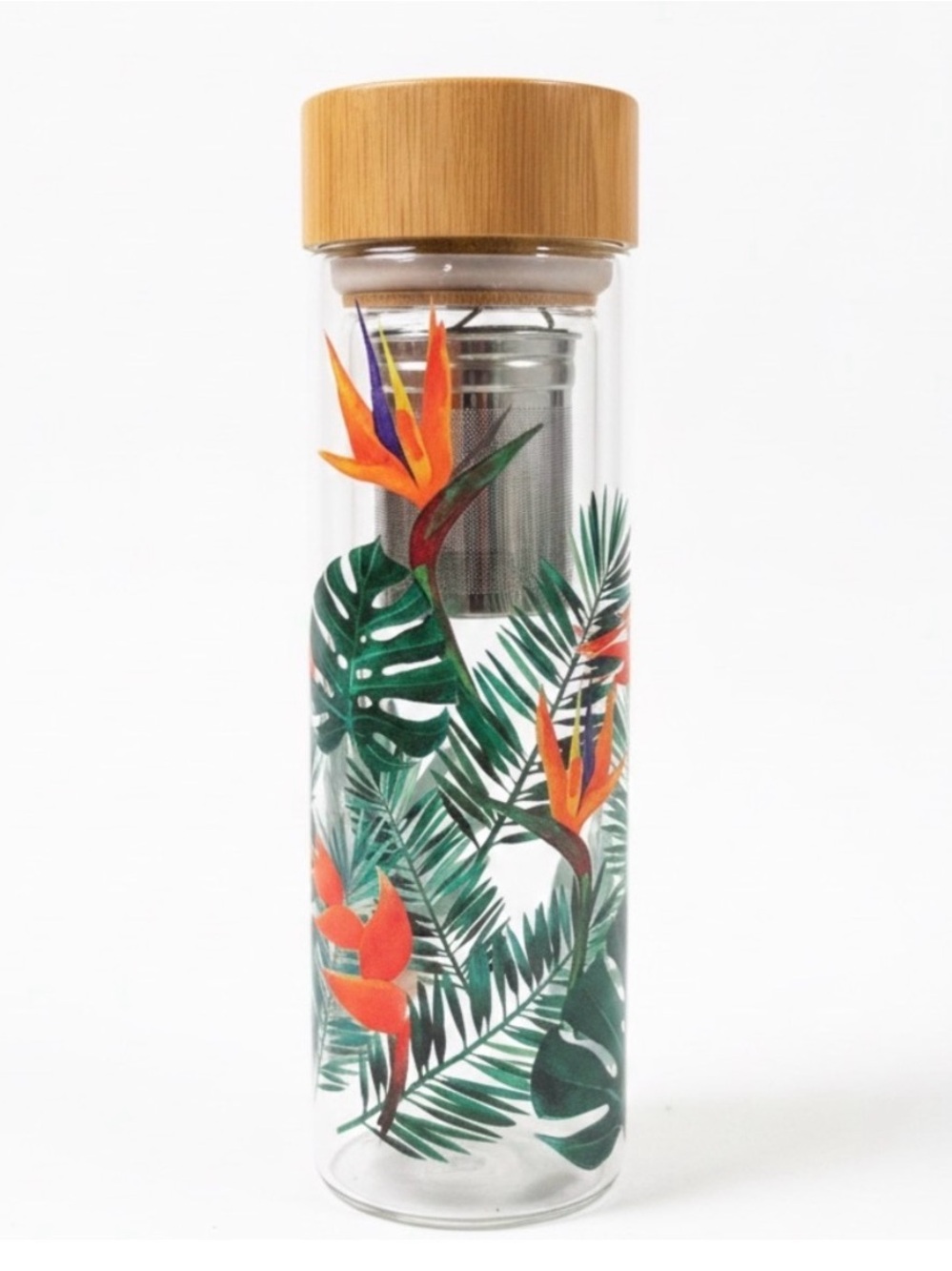 NWOT Apana Tropical Floral Glass Infuser Water Bottle with Bamboo Lid